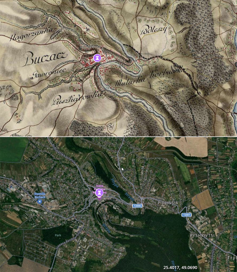 Бучацький замок на карті фон Міга та Google карті