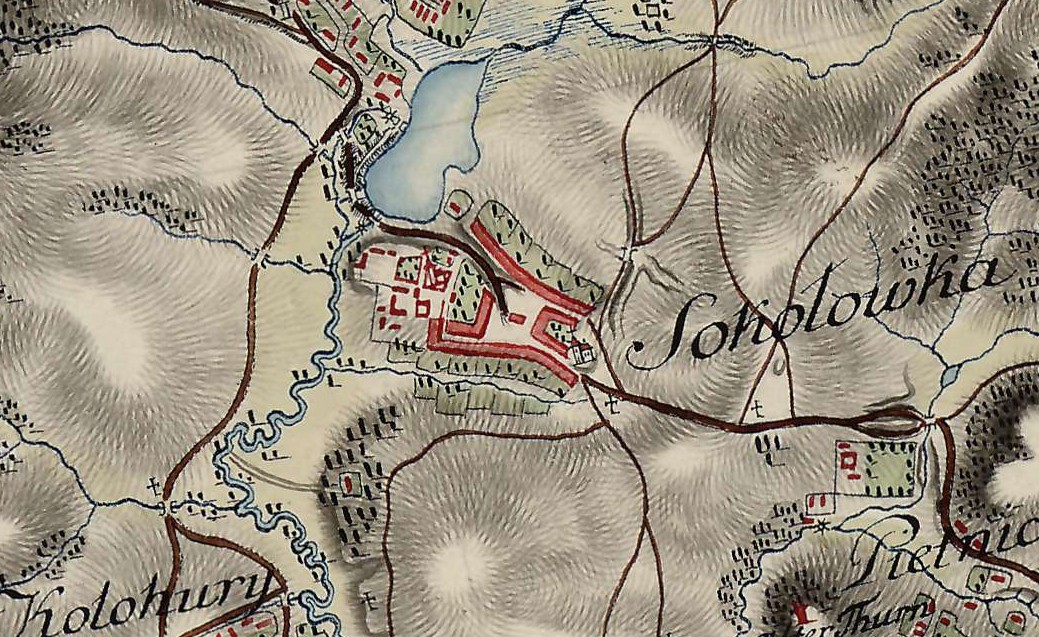 Оборонні мури та костел в Соколівці на мапах фон Міґа 1779-1783 років